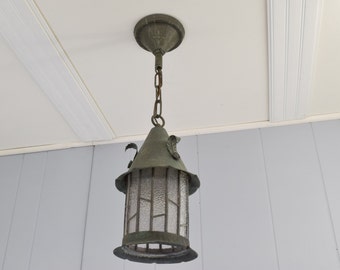 Antique Pendant Light c. 1920 | Rewired Original Antique Porch Ceiling Light w/ Textured Leaded Glass