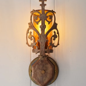 Pair c 1920 Cast Brass Antique Wall Sconce Light Fixtures w/ image 4
