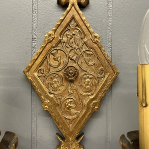 Pair Original Bronze Oscar Bach Style Antique Wall Sconce Lights Circa 1920 With Unicorn and Heraldic Details Rewired And Ready To Install image 7