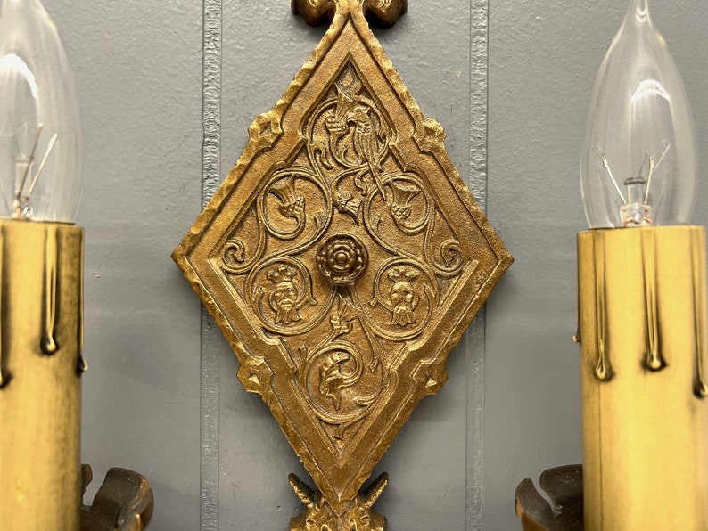 Pair Original Bronze Oscar Bach Style Antique Wall Sconce Lights Circa 1920 With Unicorn and Heraldic Details Rewired And Ready To Install image 7