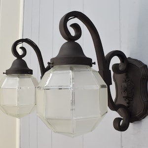 Exterior Pair 1920s Antique Wall Light Fixture, Antique Iron Porch Light Pair With Antique Glass Geometric Frosted Globe, Rewired