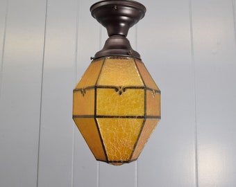 Interior or Exterior Ceiling Light Fixture Vintage Crackled Glass Shade With Amber Finish & Black Details New Semi Flush Fixture New Wiring