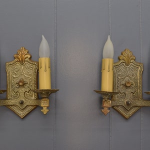 Pair 1920s Antique Sconce Light Fixtures Rewired 2 Arm Brass Spanish or Tudor Revival Original Finish Wall Lights Ready To Install image 2