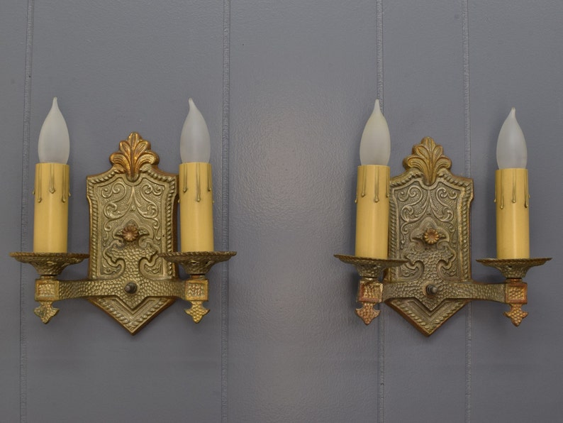 Pair 1920s Antique Sconce Light Fixtures Rewired 2 Arm Brass Spanish or Tudor Revival Original Finish Wall Lights Ready To Install image 2