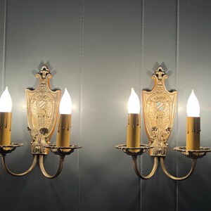 1920s Antique Wall Sconce Pair, Original Tudor or Spanish Revival Style Wall Lights w/ Crest & Flower Details image 7