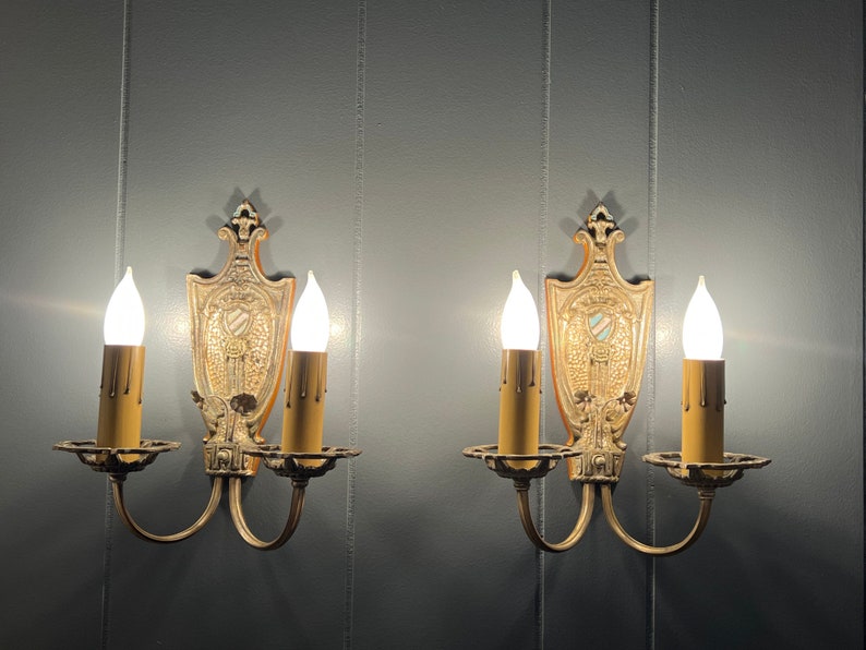 1920s Antique Wall Sconce Pair, Original Tudor or Spanish Revival Style Wall Lights w/ Crest & Flower Details image 7