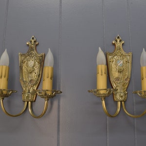 1920s Antique Wall Sconce Pair, Original Tudor or Spanish Revival Style Wall Lights w/ Crest & Flower Details image 2