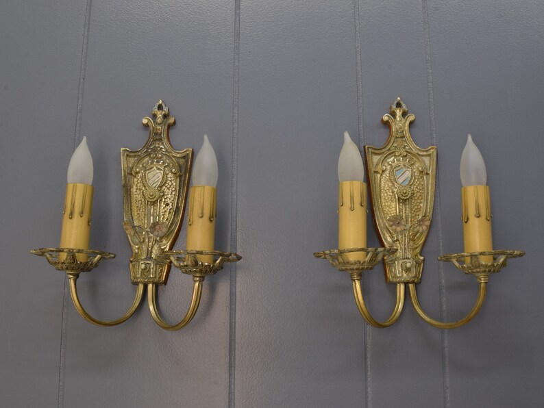 1920s Antique Wall Sconce Pair, Original Tudor or Spanish Revival Style Wall Lights w/ Crest & Flower Details image 2