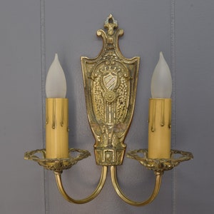 1920s Antique Wall Sconce Pair, Original Tudor or Spanish Revival Style Wall Lights w/ Crest & Flower Details image 4
