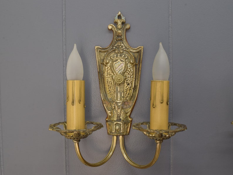 1920s Antique Wall Sconce Pair, Original Tudor or Spanish Revival Style Wall Lights w/ Crest & Flower Details image 4