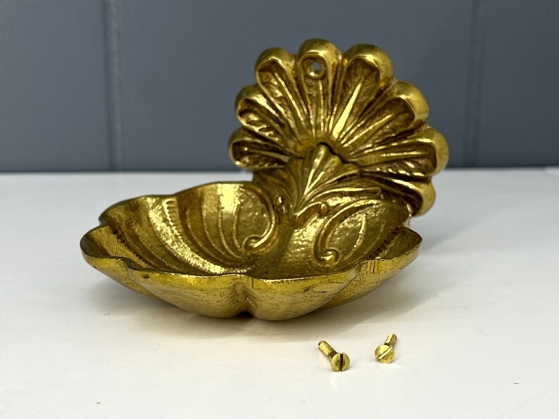 Original Vintage Shell Shaped Soap Dish Solid Brass Wall Mounted Sherle Wagner Style New Old Stock Luxury Bathroom Fixture Circa 1970 image 5
