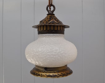 Interior or Exterior c. 1920 Antique Ceiling Light Fixture With White Frosted and Textured Glass Shade & Hammered Metal Fixture | Rewired