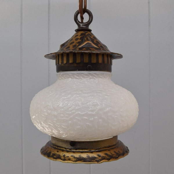 Interior or Exterior c. 1920 Antique Ceiling Light Fixture With White Frosted and Textured Glass Shade & Hammered Metal Fixture | Rewired