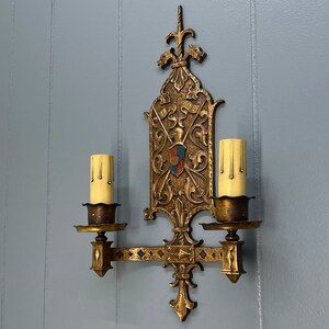 Circa 1920 Original Antique 2 Arm Bronze Wall Sconce Fixture Multiple Available Rewired Tudor Style image 2