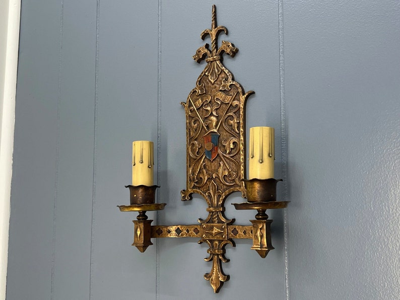 Circa 1920 Original Antique 2 Arm Bronze Wall Sconce Fixture Multiple Available Rewired Tudor Style image 2