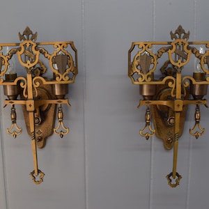 Original 1920s Antique Wall Sconce Pairs Tudor Style Bronze Torch 2 Arm Wall Mounted Lights Rewired