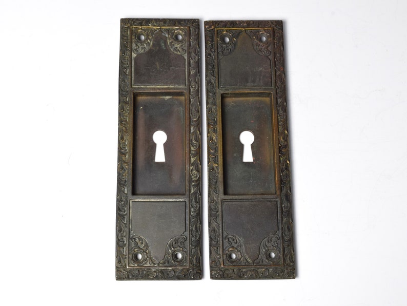 Pair Keyed Cast Bronze Late 1800s Early 1900s Pocket Door Plates With Natural Patina & Leafy Details image 1