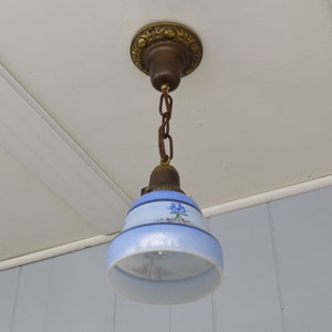 Original c. 1920 Hand Painted Milk Glass Shade w/ Blue Accents Rewired Antique Pendant Light Fixture With Floral Accents image 3