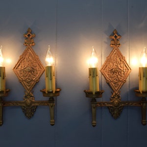 Pair Original Bronze Oscar Bach Style Antique Wall Sconce Lights Circa 1920 With Unicorn and Heraldic Details Rewired And Ready To Install image 4