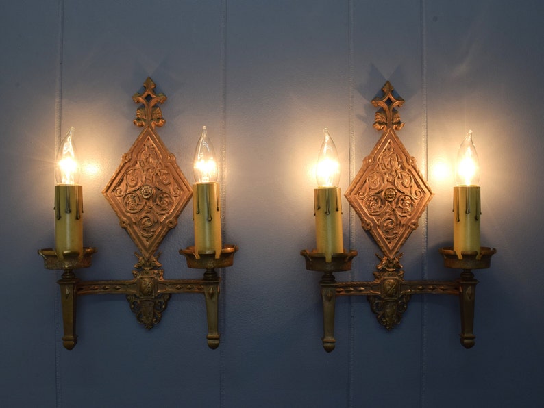 Pair Original Bronze Oscar Bach Style Antique Wall Sconce Lights Circa 1920 With Unicorn and Heraldic Details Rewired And Ready To Install image 4