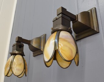 Pair Rewired Circa 1910 Antique Arts & Crafts Style Wall Sconce Lights With Caramel Slag Glass Shades