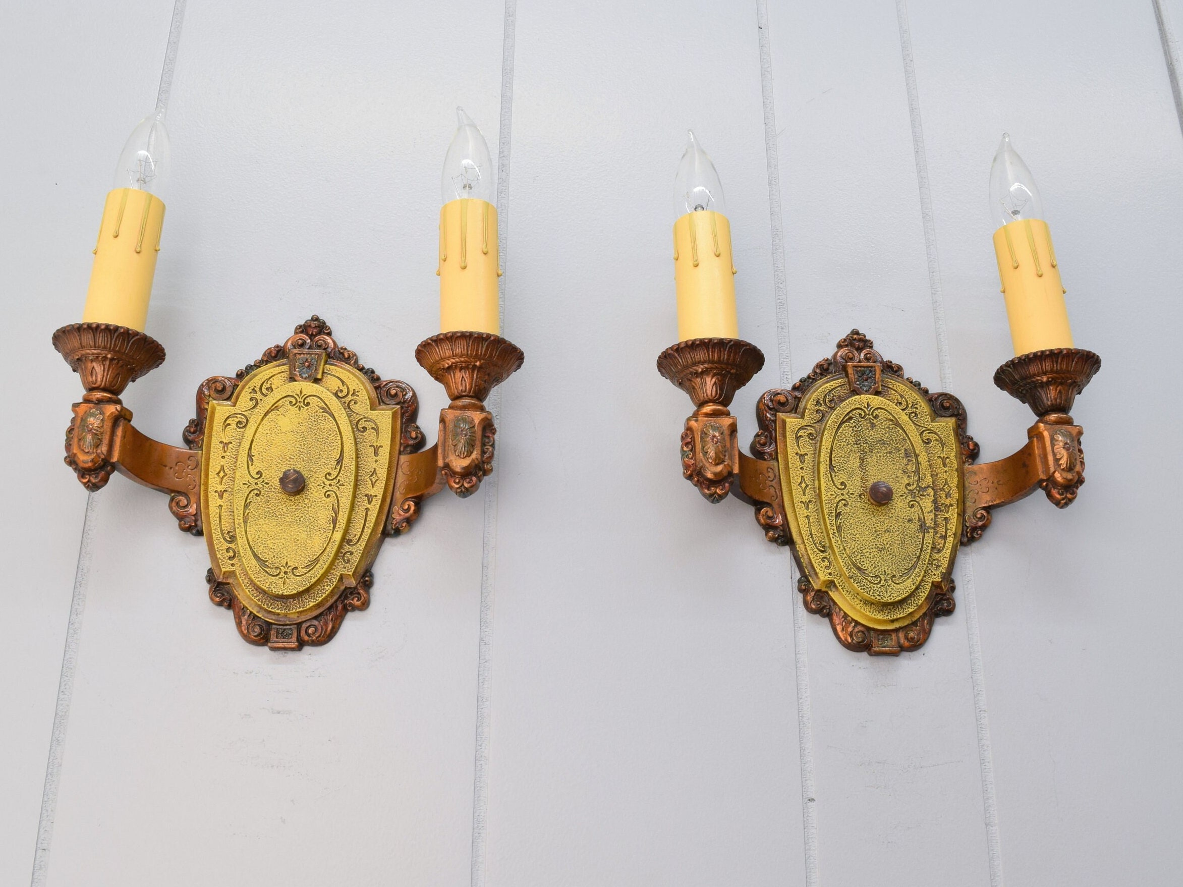 Rewired Pair C. 1920 Riddle Cast Aluminum Vintage Antique Electric