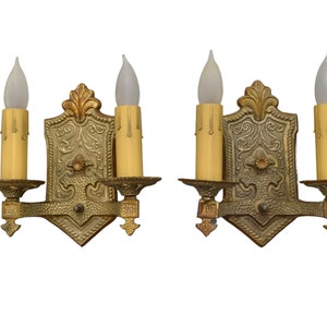 Pair 1920s Antique Sconce Light Fixtures Rewired 2 Arm Brass Spanish or Tudor Revival Original Finish Wall Lights Ready To Install image 1