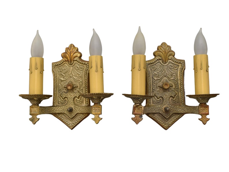 Pair 1920s Antique Sconce Light Fixtures Rewired 2 Arm Brass Spanish or Tudor Revival Original Finish Wall Lights Ready To Install image 1