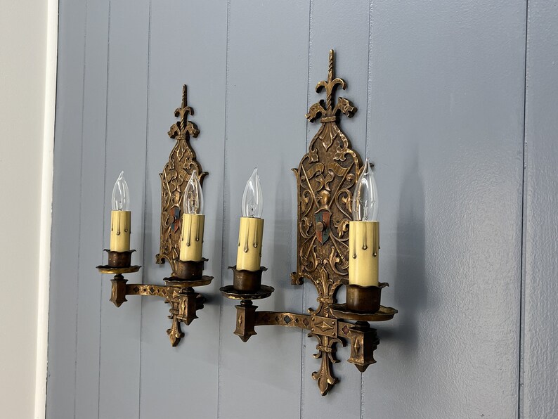 Circa 1920 Original Antique 2 Arm Bronze Wall Sconce Fixture Multiple Available Rewired Tudor Style image 4