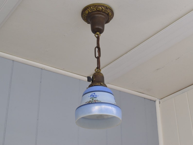 Original c. 1920 Hand Painted Milk Glass Shade w/ Blue Accents Rewired Antique Pendant Light Fixture With Floral Accents image 1