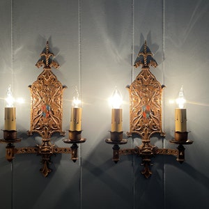 Circa 1920 Original Antique 2 Arm Bronze Wall Sconce Fixture Multiple Available Rewired Tudor Style image 5