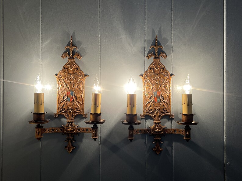 Circa 1920 Original Antique 2 Arm Bronze Wall Sconce Fixture Multiple Available Rewired Tudor Style image 5