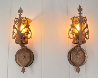 Pair c 1920 Cast Brass Antique Wall Sconce Light Fixtures w/ Amber Shade | Spanish or Tudor Revival Wall Light Pair | Rewired