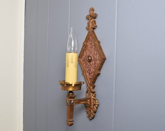 Antique Single Arm Oscar Bach Style 1920s Wall Sconce Light Fixture With Heraldic Images And Original Finish; Multiple Available