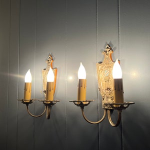 1920s Antique Wall Sconce Pair, Original Tudor or Spanish Revival Style Wall Lights w/ Crest & Flower Details image 8