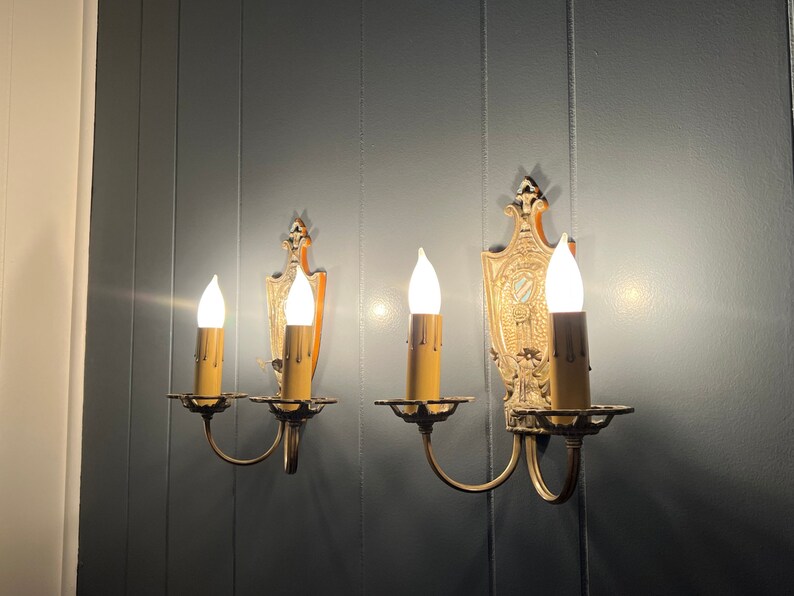 1920s Antique Wall Sconce Pair, Original Tudor or Spanish Revival Style Wall Lights w/ Crest & Flower Details image 8