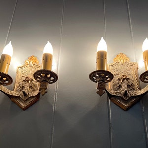 Pair 1920s Antique Sconce Light Fixtures Rewired 2 Arm Brass Spanish or Tudor Revival Original Finish Wall Lights Ready To Install image 8