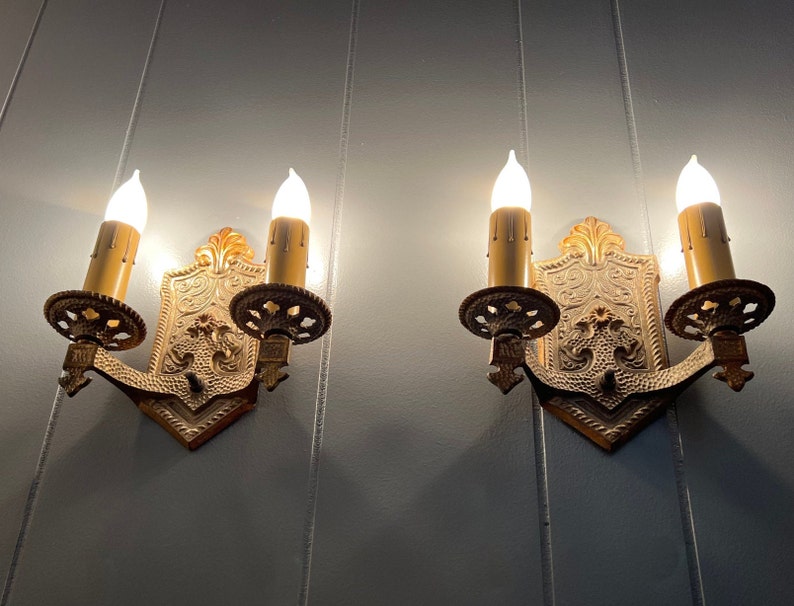 Pair 1920s Antique Sconce Light Fixtures Rewired 2 Arm Brass Spanish or Tudor Revival Original Finish Wall Lights Ready To Install image 8