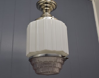 1930s Vintage Art Deco Ceiling Light Fixture | Iconic 2 Part Milk Glass Shade And Prismatic Glass Bottom