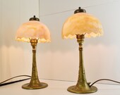 Rewired Pair Antique Boudoir Table Lamps c. 1910 Caramel Slag Glass Shade Cast Metal Base w Original Antique Brass Finish Natural Patina