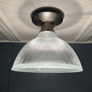 Original Holophane Industrial Prism Vintage 1930s-1940s Light w/ Original Restored Ceiling Fixture image 8