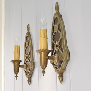 Circa 1920s Antique Sconce Pair, Tudor Style Wall Sconce Light Fixture, Cast Brass Rewired Light w/ Original Finish