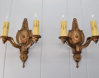 Pair Vintage Wall Sconce Light Fixtures c. 1930 | Restored Original Finish 2 Arm Victorian Wall Light | Rewired w/ On Off Switch