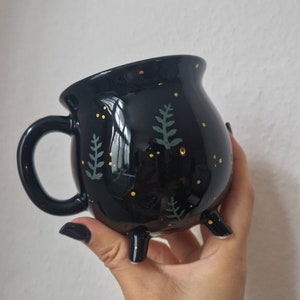 Black Cauldron Green Leaves Mug Ceramic Wiccan Home Decor Halloween Party Cottage Witch