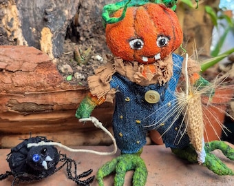 Handmade Pumpkin Scarecrow Doll, Halloween Decor, PunkTim, Fall Autumn Art Doll, Creepy Cute Pumpkin, One of a Kind