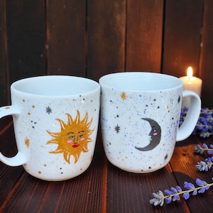 Hand-Painted Sun & Moon Mugs: Celestial Porcelain Set