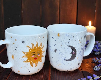 Hand-Painted Sun & Moon Mugs: Celestial Porcelain Set