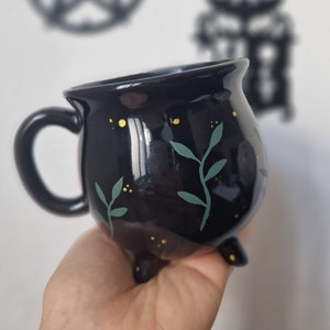 Black Cauldron Ceramic Mug Green Witch Wiccan Home Decor