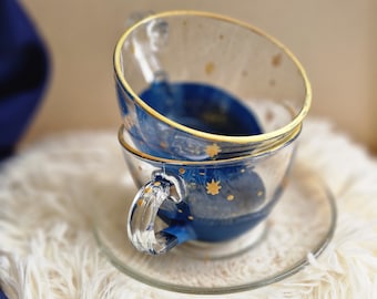 Cup full of Stars Transparent and Blue Galaxy Glass Tea and Cappuccino Cup Cosmic Witch Whimsy Goth