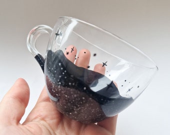 Cup full of Stars Transparent and Black Galaxy Glass Tea and Cappuccino Cup